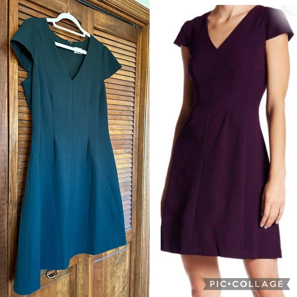 Eliza J fit and flare dark green teal v neck cap sleeve dress size 12.
